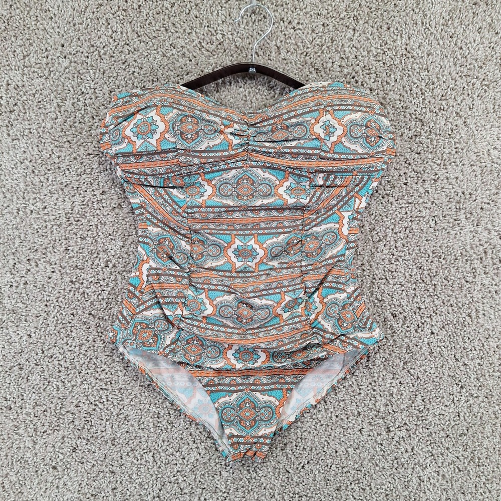 Tommy Bahama Swimsuit Womens 10 Blue Orange Aztec Strapless One Piece Vacation